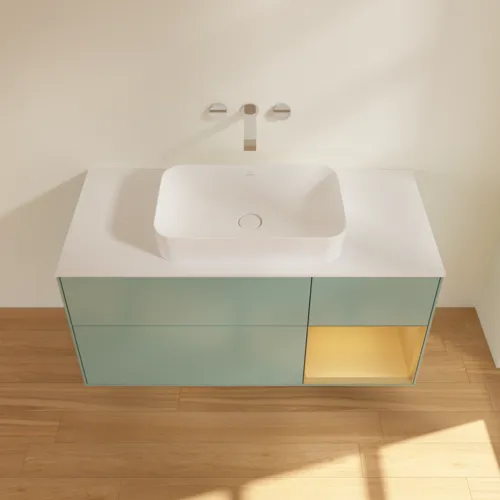 Bild von VILLEROY BOCH Finion Waschbeckenunterschrank, mit Beleuchtung, 3 Auszüge, 1200 x 603 x 501 mm, Olive Matt Lacquer / Gold Matt Lacquer / Glass White Matt #G711HFGM