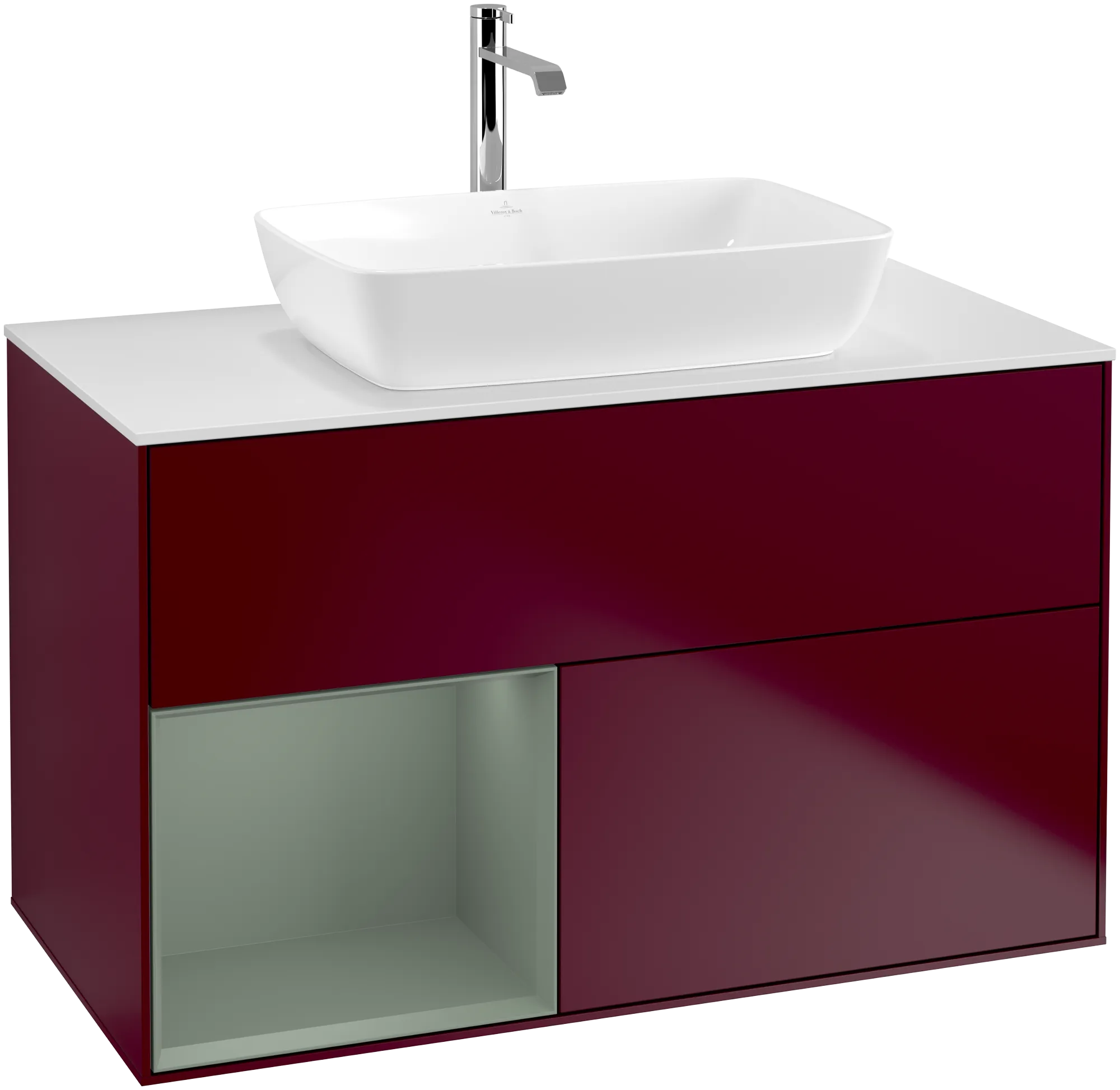 Bild von VILLEROY BOCH Finion Waschbeckenunterschrank, mit Beleuchtung, 2 Auszüge, 1000 x 603 x 501 mm, Peony Matt Lacquer / Olive Matt Lacquer / Glass White Matt #G771GMHB