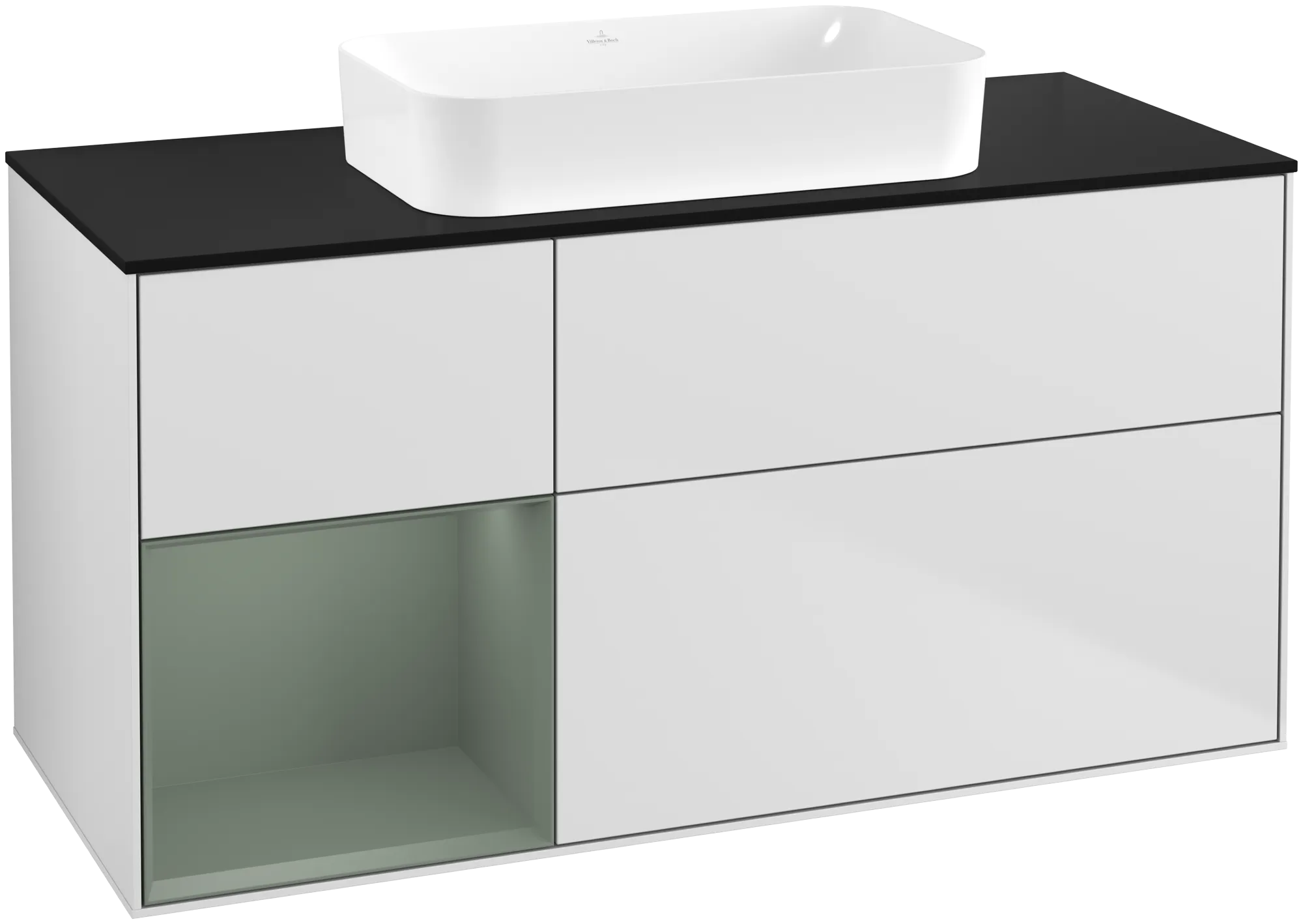 Bild von VILLEROY BOCH Finion Waschbeckenunterschrank, mit Beleuchtung, 3 Auszüge, 1200 x 603 x 501 mm, White Matt Lacquer / Olive Matt Lacquer / Glass Black Matt #G702GMMT