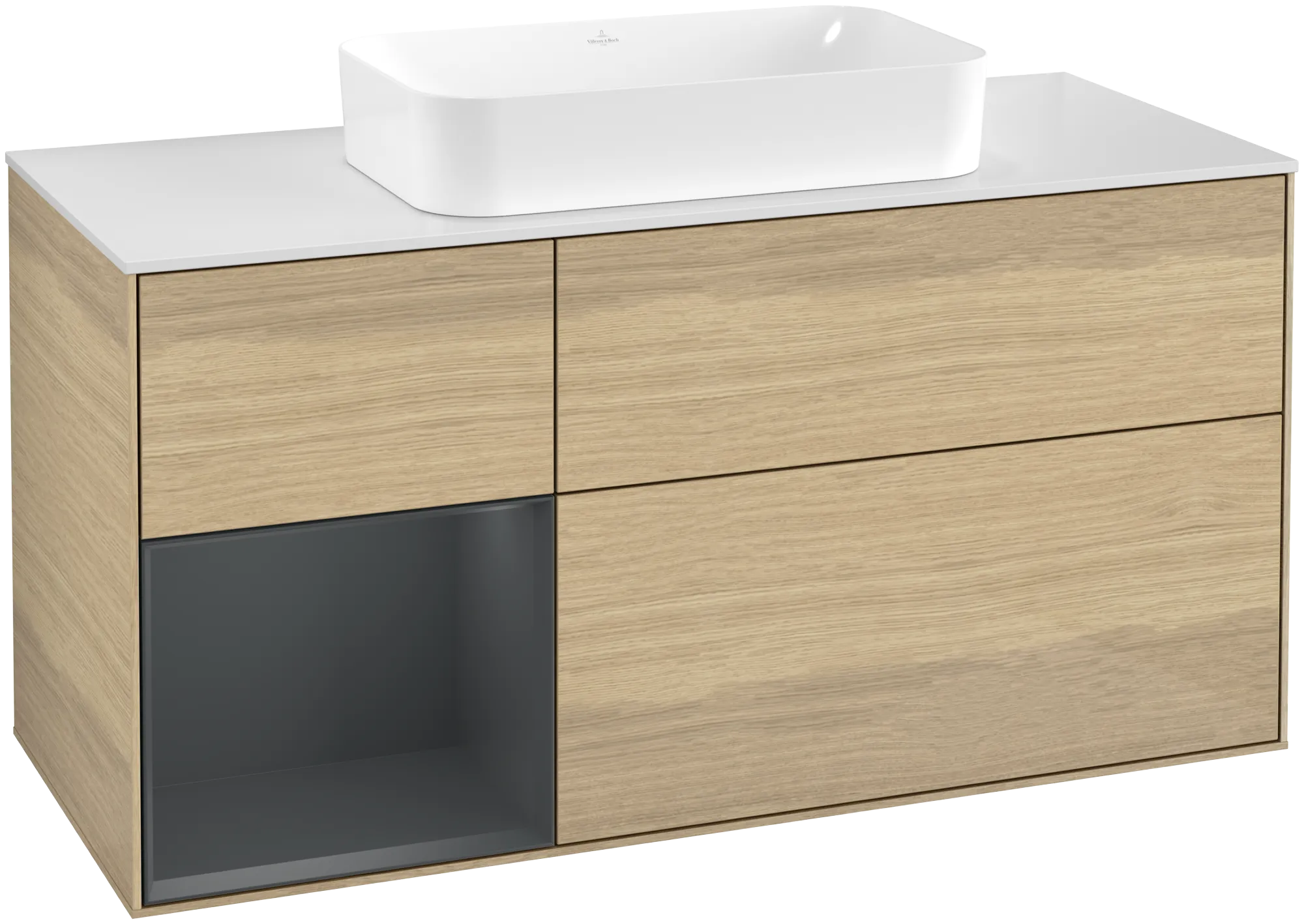 Bild von VILLEROY BOCH Finion Waschbeckenunterschrank, mit Beleuchtung, 3 Auszüge, 1200 x 603 x 501 mm, Oak Veneer / Midnight Blue Matt Lacquer / Glass White Matt #G701HGPC