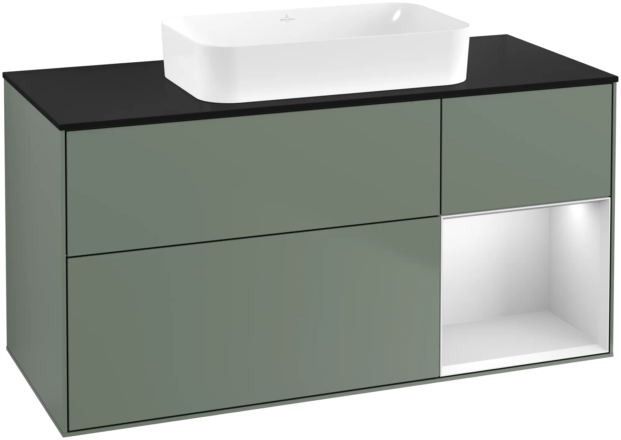 Bild von VILLEROY BOCH Finion Waschbeckenunterschrank, mit Beleuchtung, 3 Auszüge, 1200 x 603 x 501 mm, Olive Matt Lacquer / White Matt Lacquer / Glass Black Matt #G712MTGM