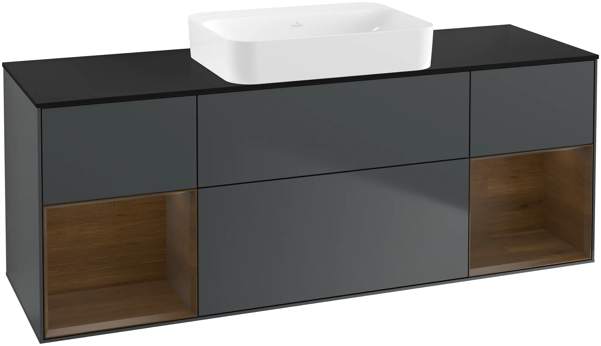 Bild von VILLEROY BOCH Finion Waschbeckenunterschrank, mit Beleuchtung, 4 Auszüge, 1600 x 603 x 501 mm, Midnight Blue Matt Lacquer / Walnut Veneer / Glass Black Matt #G742GNHG