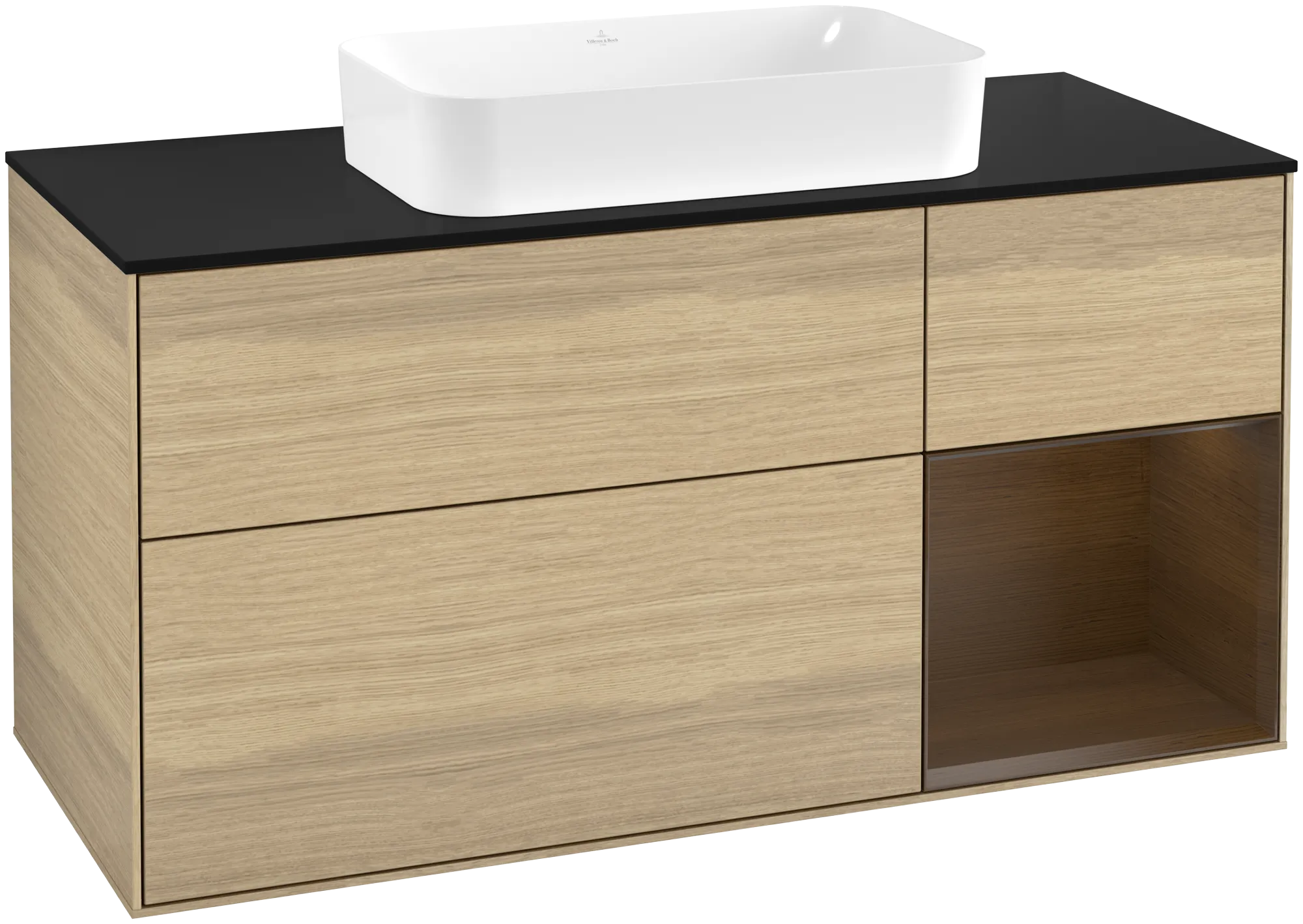 Bild von VILLEROY BOCH Finion Waschbeckenunterschrank, mit Beleuchtung, 3 Auszüge, 1200 x 603 x 501 mm, Oak Veneer / Walnut Veneer / Glass Black Matt #G712GNPC