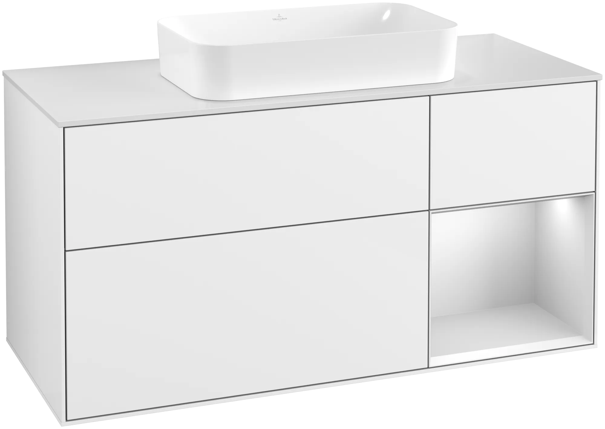 Bild von VILLEROY BOCH Finion Waschbeckenunterschrank, mit Beleuchtung, 3 Auszüge, 1200 x 603 x 501 mm, Glossy White Lacquer / White Matt Lacquer / Glass White Matt #G711MTGF