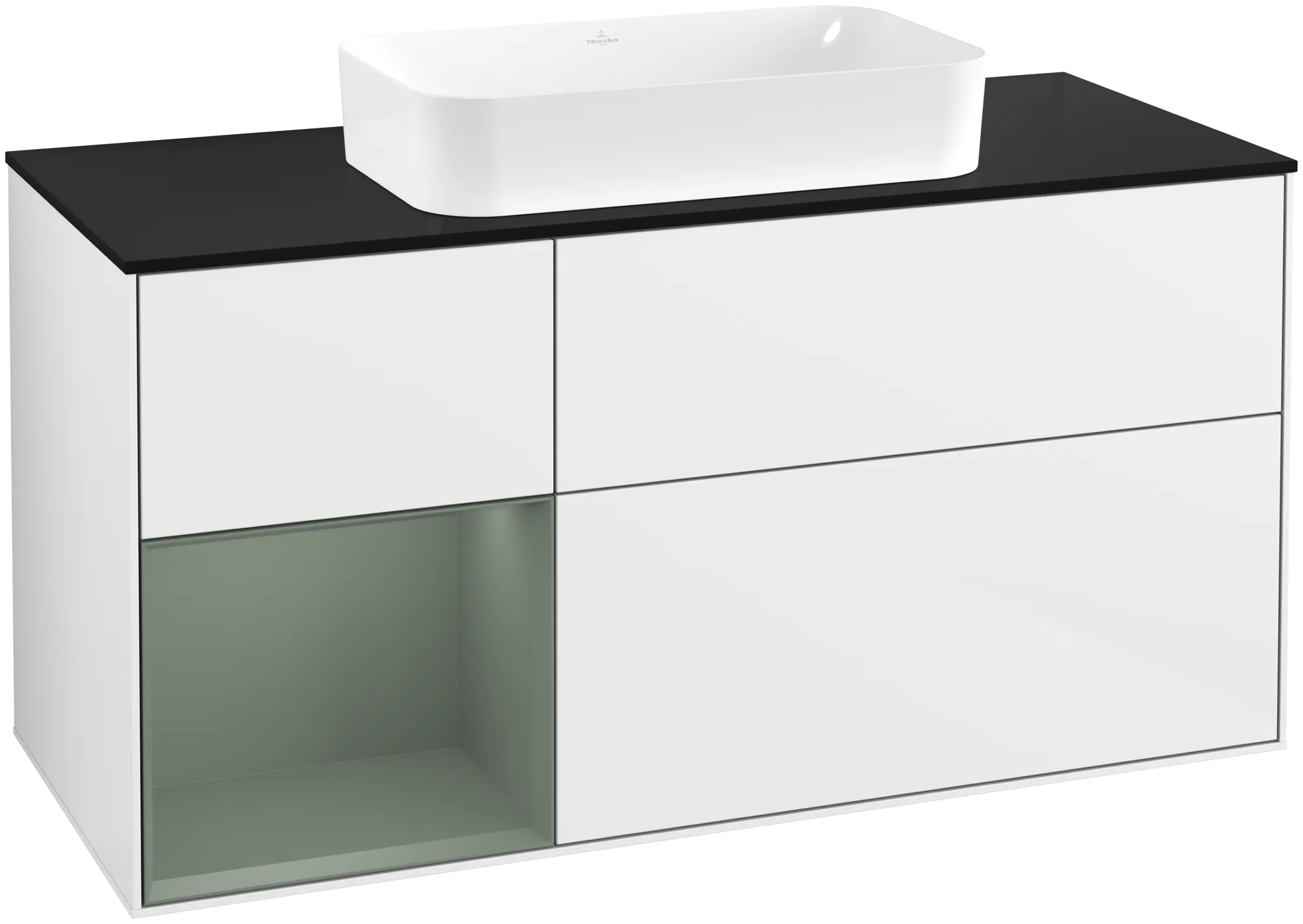Bild von VILLEROY BOCH Finion Waschbeckenunterschrank, mit Beleuchtung, 3 Auszüge, 1200 x 603 x 501 mm, Glossy White Lacquer / Olive Matt Lacquer / Glass Black Matt #G702GMGF