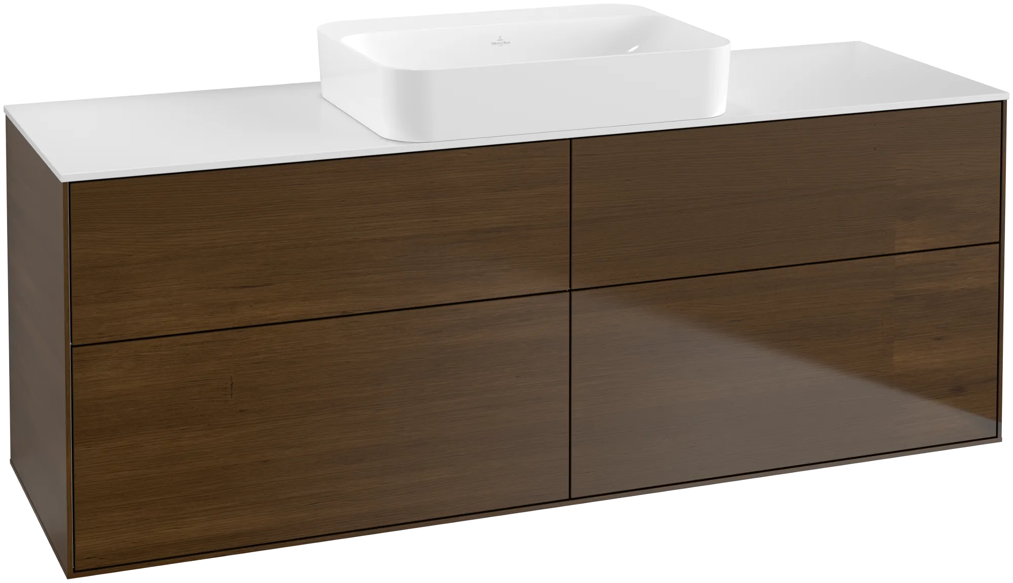 Bild von VILLEROY BOCH Finion Waschbeckenunterschrank, mit Beleuchtung, 4 Auszüge, 1600 x 603 x 501 mm, Walnut Veneer / Glass White Matt #G73100GN