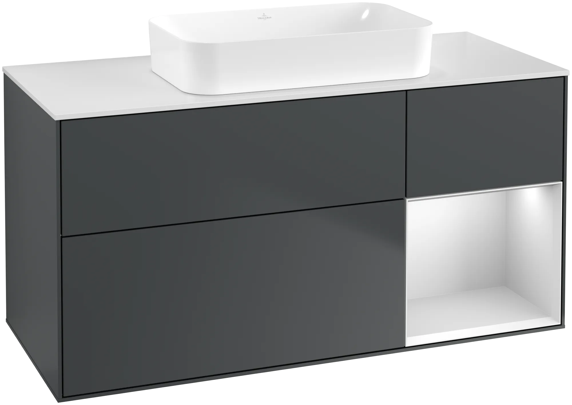 Bild von VILLEROY BOCH Finion Waschbeckenunterschrank, mit Beleuchtung, 3 Auszüge, 1200 x 603 x 501 mm, Midnight Blue Matt Lacquer / White Matt Lacquer / Glass White Matt #G711MTHG