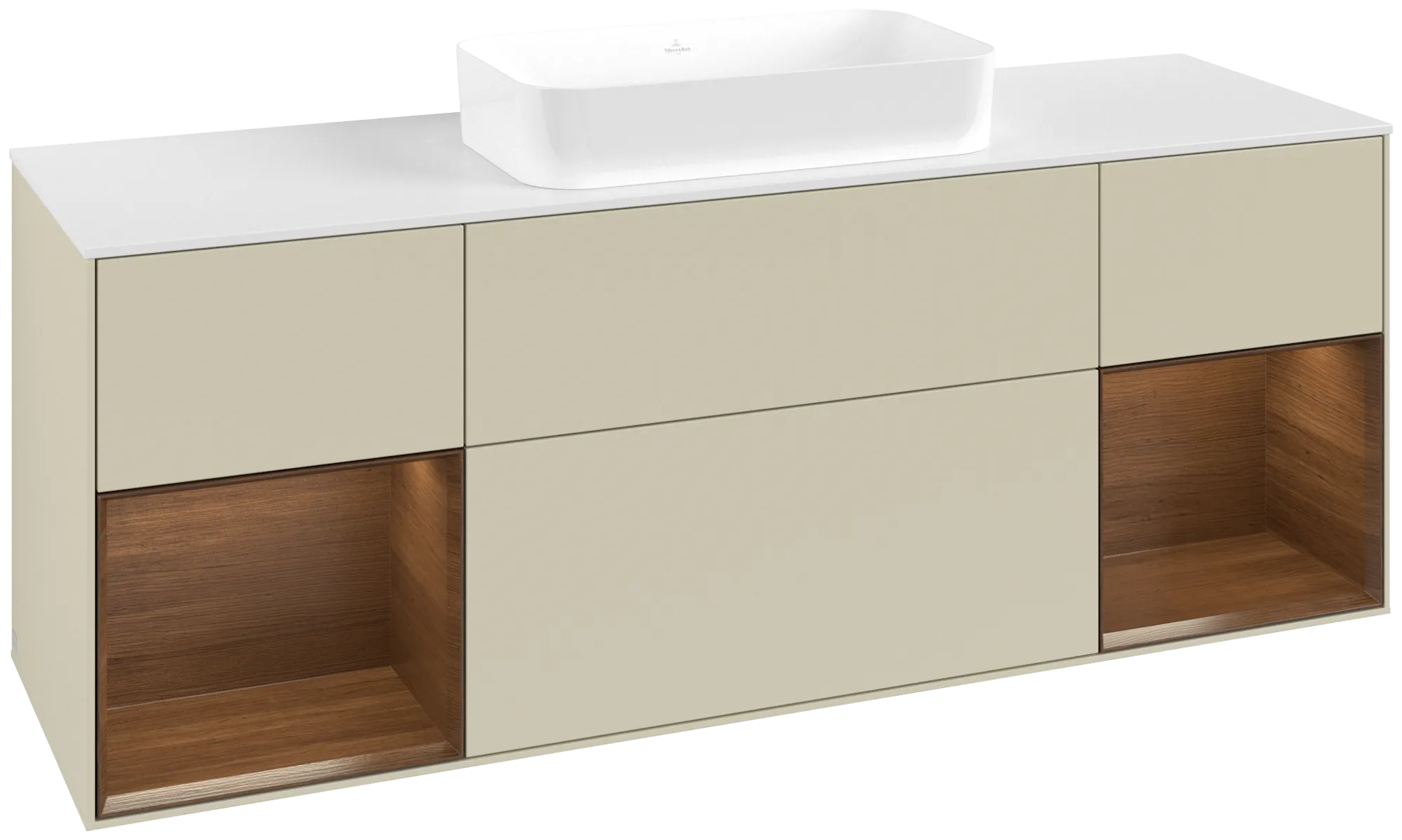 Bild von VILLEROY BOCH Finion Waschbeckenunterschrank, mit Beleuchtung, 4 Auszüge, 1600 x 603 x 501 mm, Silk Grey Matt Lacquer / Walnut Veneer / Glass White Matt #G741GNHJ