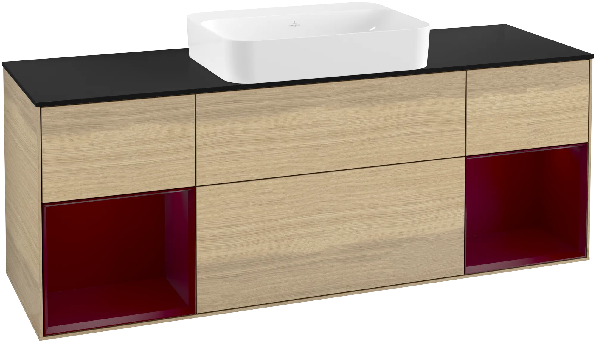 Bild von VILLEROY BOCH Finion Waschbeckenunterschrank, mit Beleuchtung, 4 Auszüge, 1600 x 603 x 501 mm, Oak Veneer / Peony Matt Lacquer / Glass Black Matt #G742HBPC