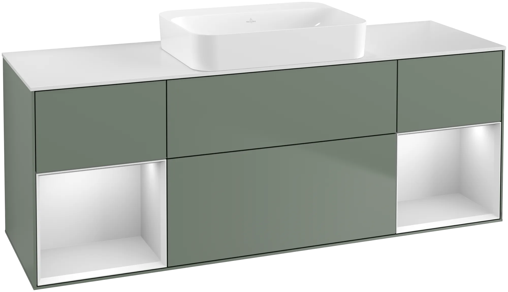 Bild von VILLEROY BOCH Finion Waschbeckenunterschrank, mit Beleuchtung, 4 Auszüge, 1600 x 603 x 501 mm, Olive Matt Lacquer / White Matt Lacquer / Glass White Matt #G741MTGM