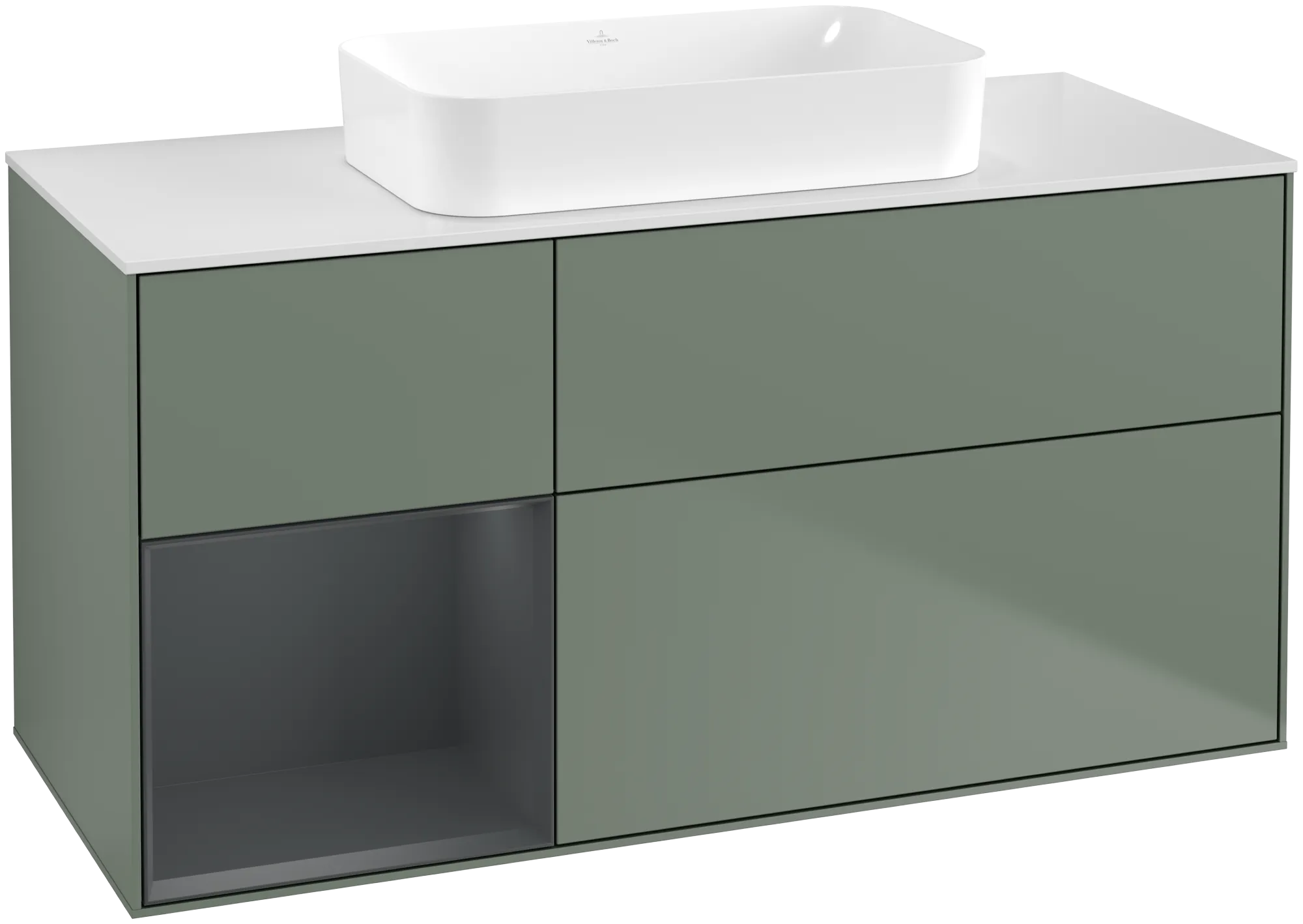 Bild von VILLEROY BOCH Finion Waschbeckenunterschrank, mit Beleuchtung, 3 Auszüge, 1200 x 603 x 501 mm, Olive Matt Lacquer / Midnight Blue Matt Lacquer / Glass White Matt #G701HGGM