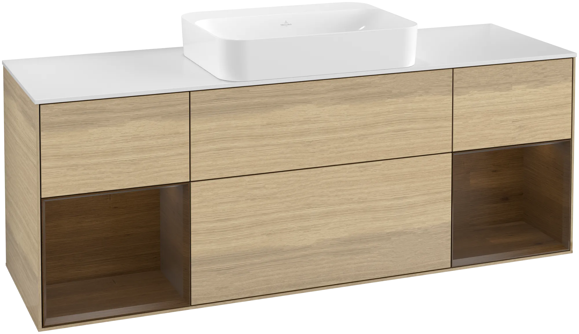 Bild von VILLEROY BOCH Finion Waschbeckenunterschrank, mit Beleuchtung, 4 Auszüge, 1600 x 603 x 501 mm, Oak Veneer / Walnut Veneer / Glass White Matt #G741GNPC