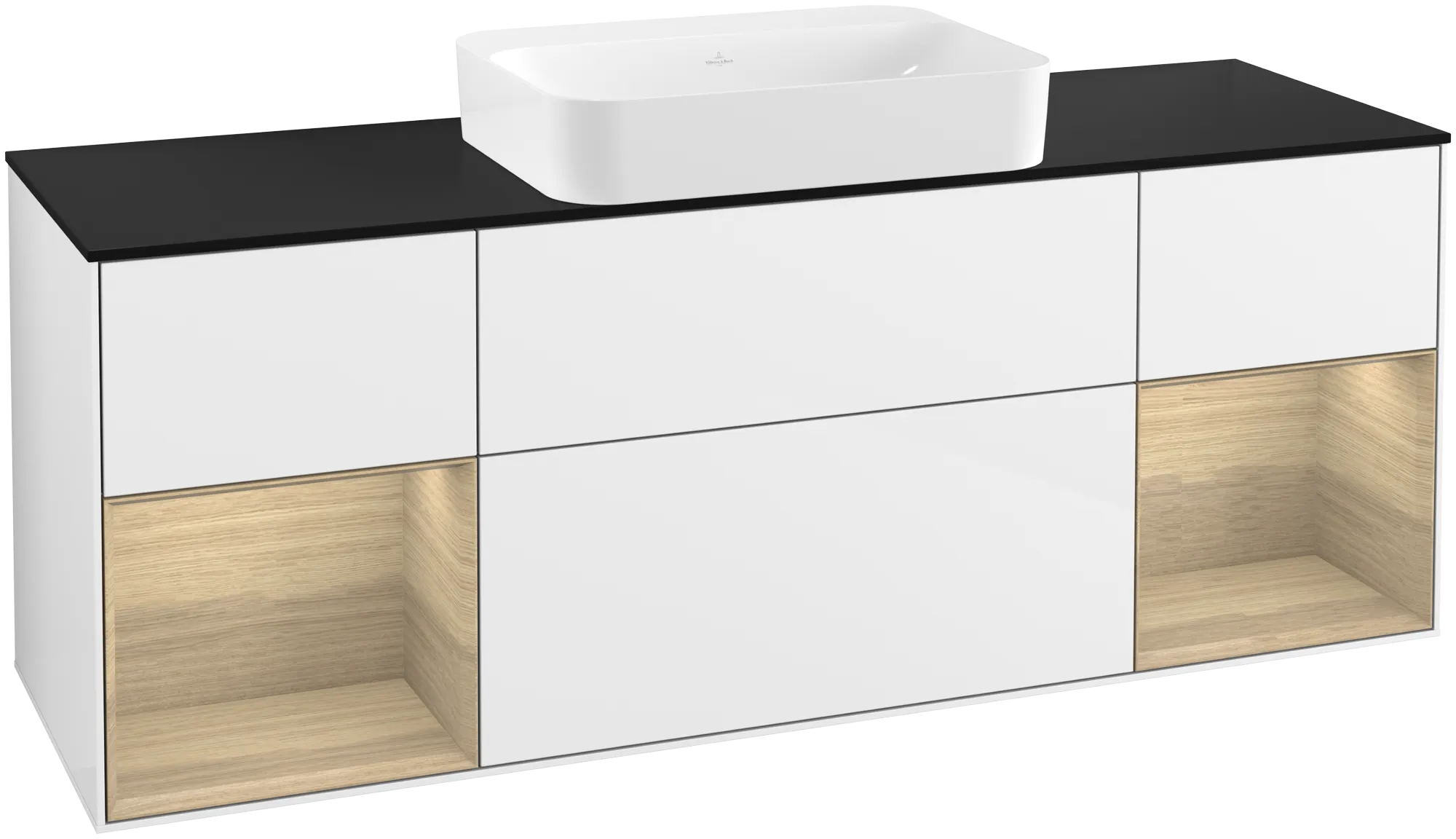 Bild von VILLEROY BOCH Finion Waschbeckenunterschrank, mit Beleuchtung, 4 Auszüge, 1600 x 603 x 501 mm, Glossy White Lacquer / Oak Veneer / Glass Black Matt #G742PCGF
