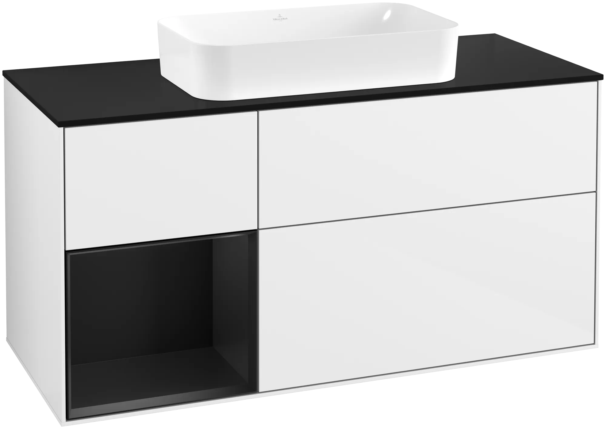 Bild von VILLEROY BOCH Finion Waschbeckenunterschrank, mit Beleuchtung, 3 Auszüge, 1200 x 603 x 501 mm, Glossy White Lacquer / Black Matt Lacquer / Glass Black Matt #G702PDGF