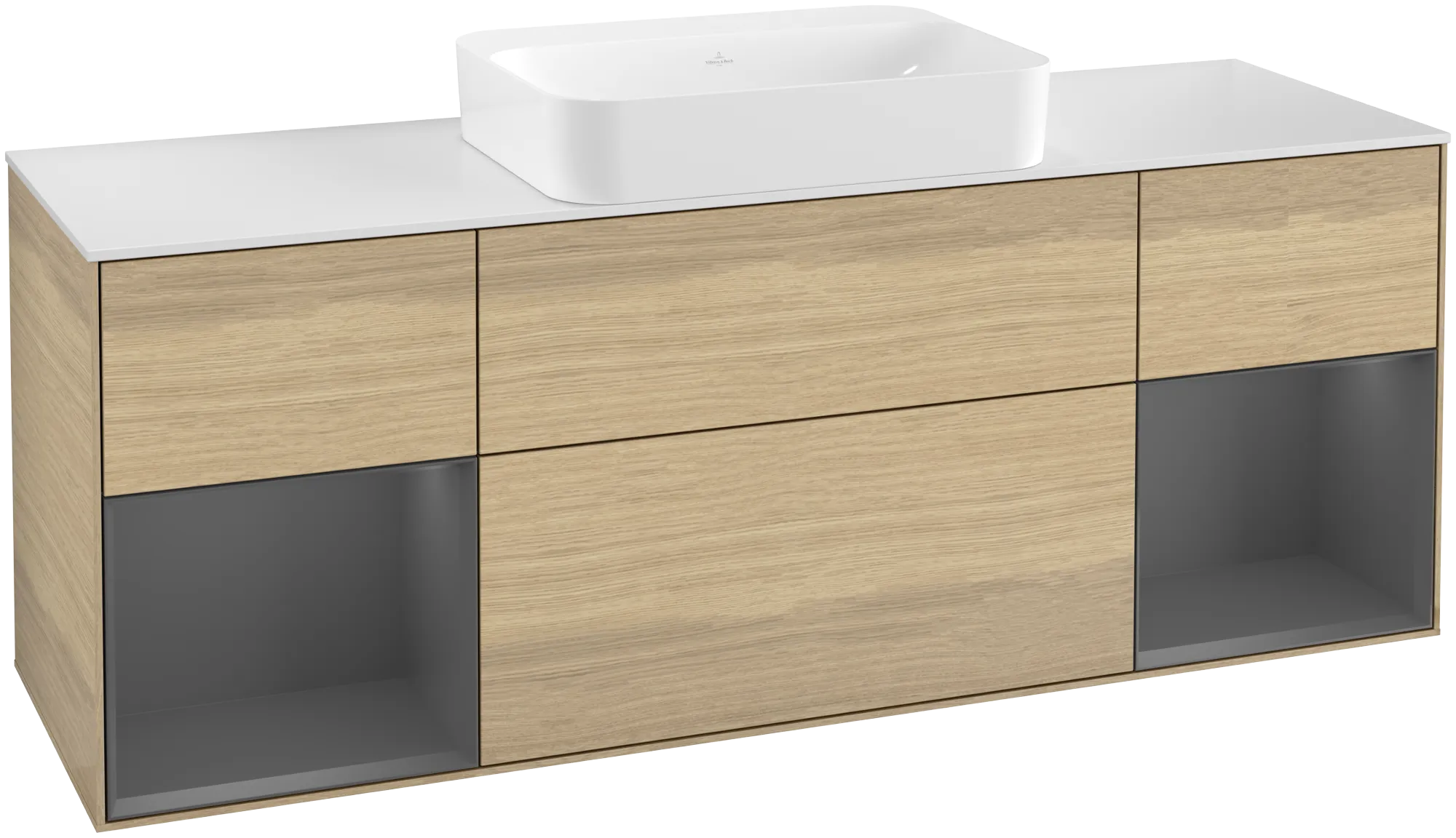 Bild von VILLEROY BOCH Finion Waschbeckenunterschrank, mit Beleuchtung, 4 Auszüge, 1600 x 603 x 501 mm, Oak Veneer / Anthracite Matt Lacquer / Glass White Matt #G741GKPC