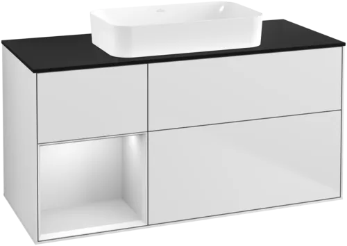 Bild von VILLEROY BOCH Finion Waschbeckenunterschrank, mit Beleuchtung, 3 Auszüge, 1200 x 603 x 501 mm, White Matt Lacquer / White Matt Lacquer / Glass Black Matt #G702MTMT