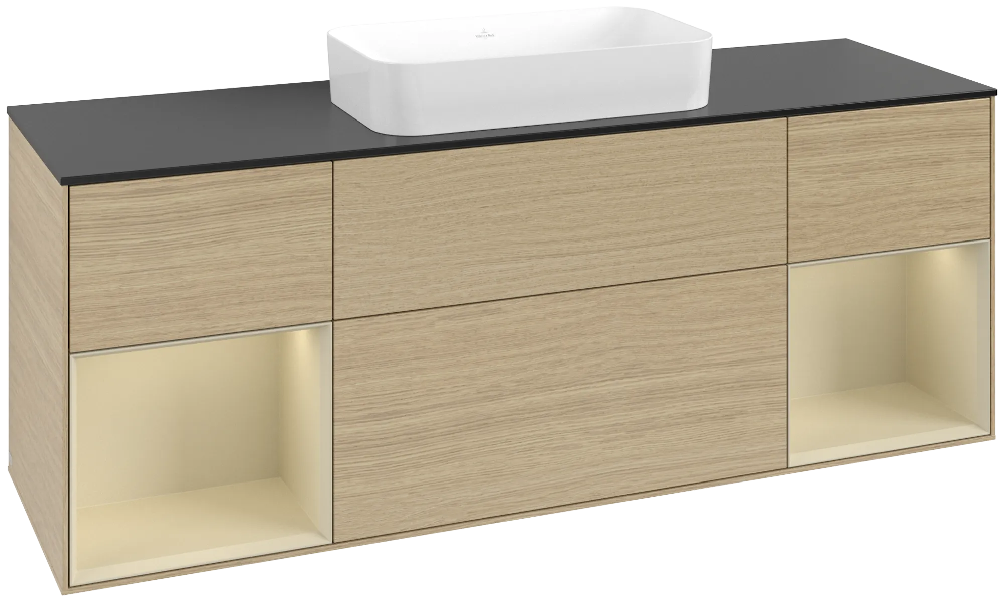 Bild von VILLEROY BOCH Finion Waschbeckenunterschrank, mit Beleuchtung, 4 Auszüge, 1600 x 603 x 501 mm, Oak Veneer / Silk Grey Matt Lacquer / Glass Black Matt #G742HJPC