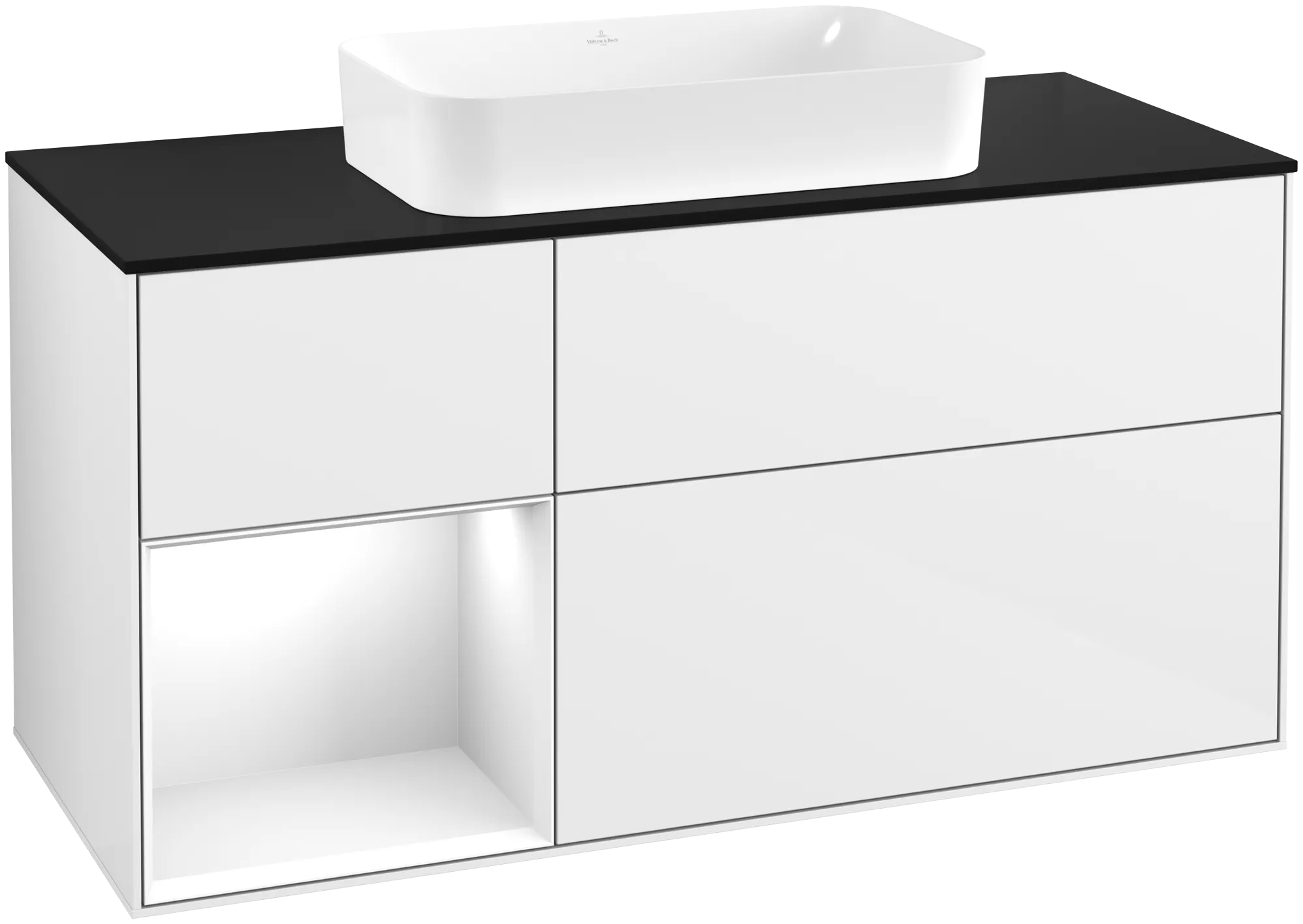 Bild von VILLEROY BOCH Finion Waschbeckenunterschrank, mit Beleuchtung, 3 Auszüge, 1200 x 603 x 501 mm, Glossy White Lacquer / Glossy White Lacquer / Glass Black Matt #G702GFGF