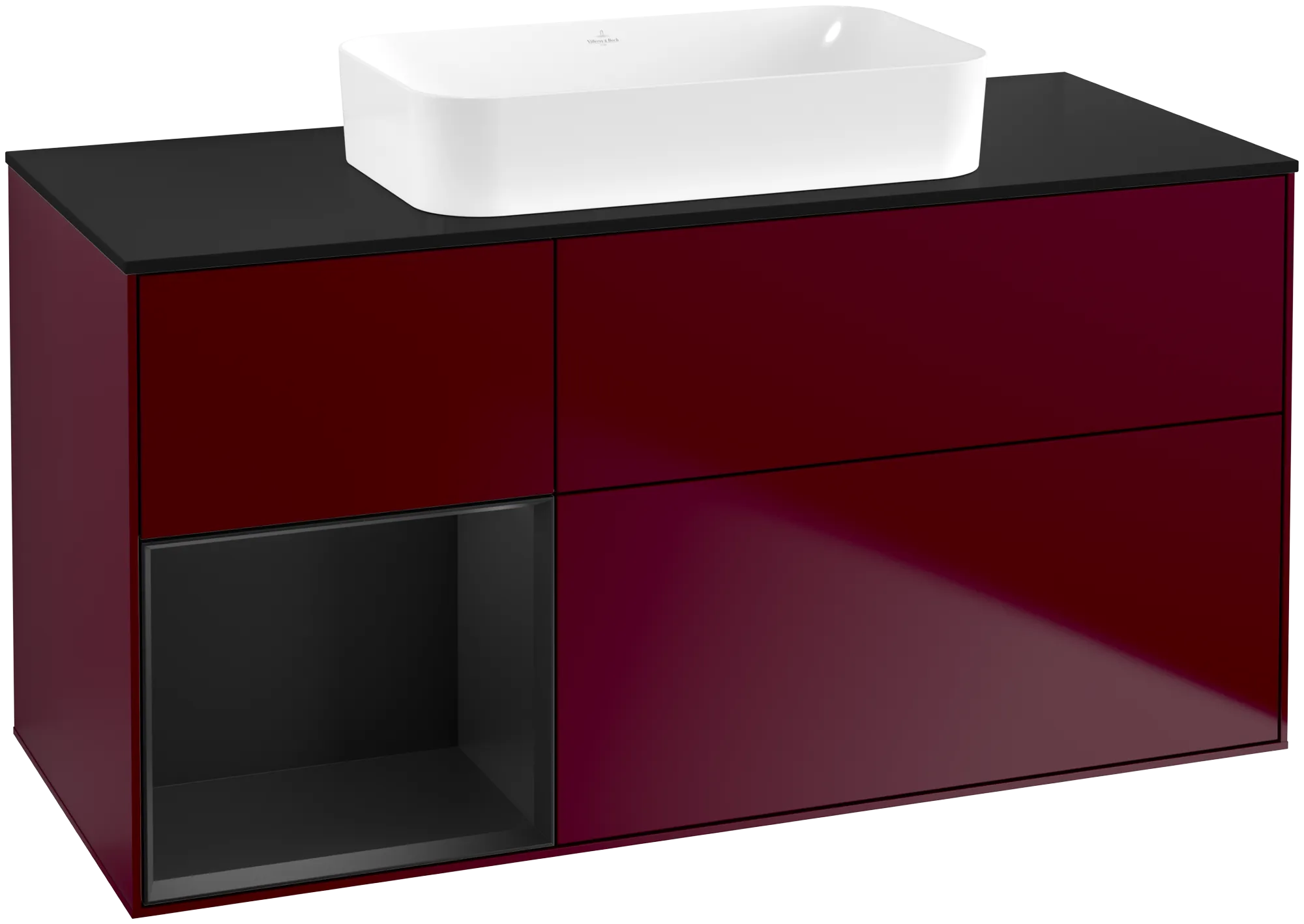 Bild von VILLEROY BOCH Finion Waschbeckenunterschrank, mit Beleuchtung, 3 Auszüge, 1200 x 603 x 501 mm, Peony Matt Lacquer / Black Matt Lacquer / Glass Black Matt #G702PDHB