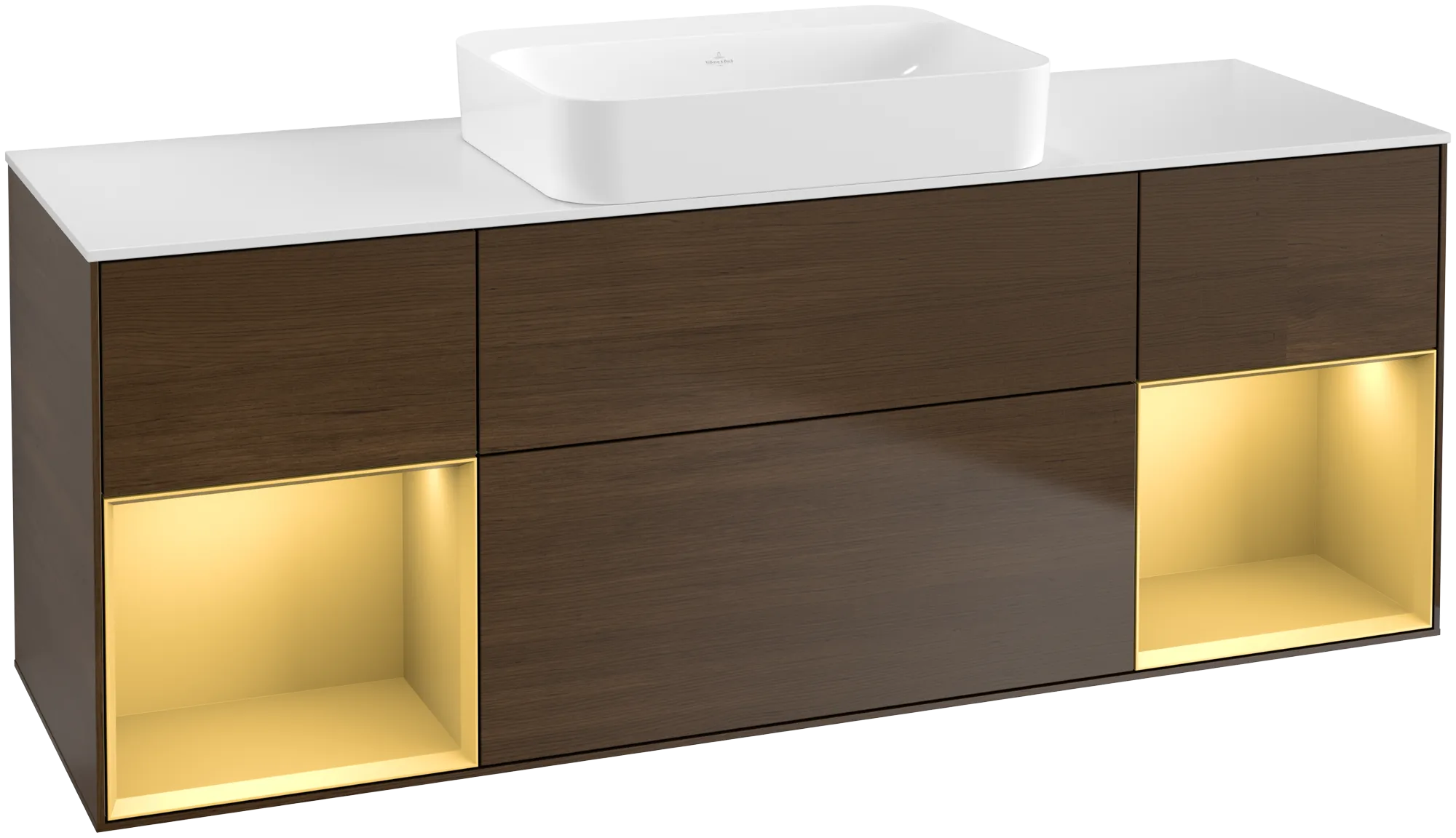 Bild von VILLEROY BOCH Finion Waschbeckenunterschrank, mit Beleuchtung, 4 Auszüge, 1600 x 603 x 501 mm, Walnut Veneer / Gold Matt Lacquer / Glass White Matt #G741HFGN