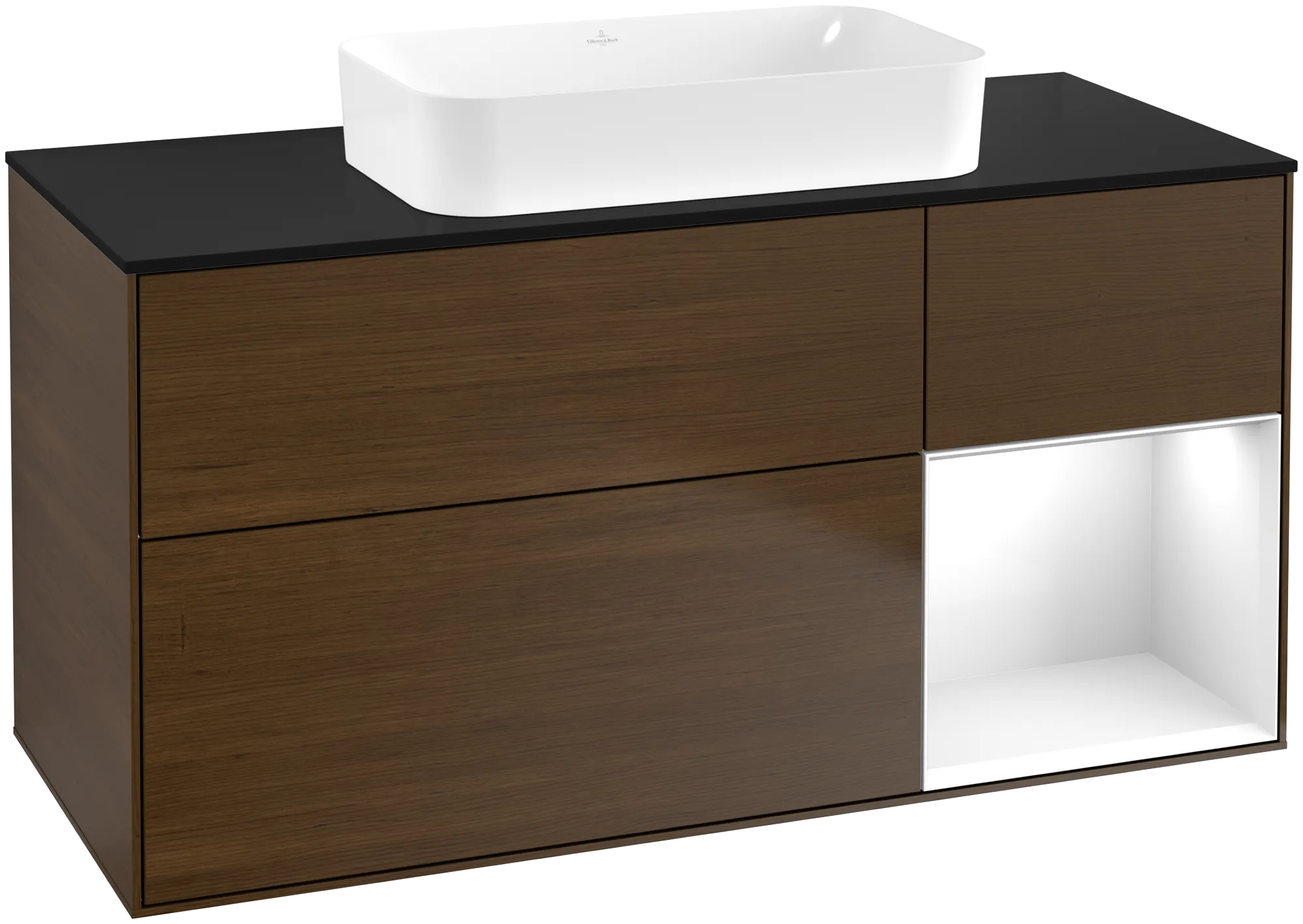 Bild von VILLEROY BOCH Finion Waschbeckenunterschrank, mit Beleuchtung, 3 Auszüge, 1200 x 603 x 501 mm, Walnut Veneer / Glossy White Lacquer / Glass Black Matt #G712GFGN