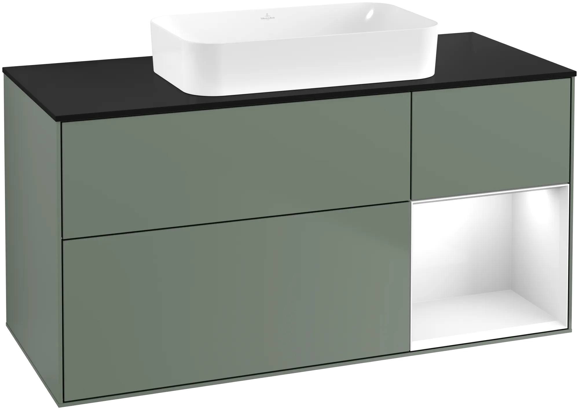 Bild von VILLEROY BOCH Finion Waschbeckenunterschrank, mit Beleuchtung, 3 Auszüge, 1200 x 603 x 501 mm, Olive Matt Lacquer / Glossy White Lacquer / Glass Black Matt #G712GFGM