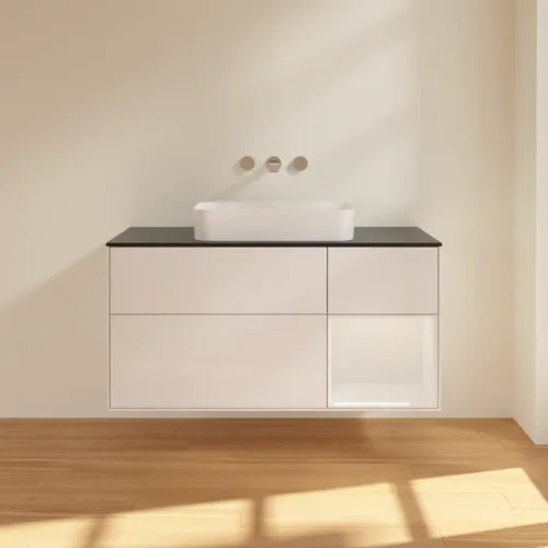 Picture of VILLEROY BOCH Finion Vanity unit, with lighting, 3 pull-out compartments, 1200 x 603 x 501 mm, Glossy White Lacquer / Glossy White Lacquer / Glass Black Matt #G712GFGF