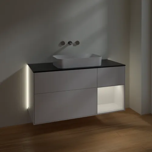 Picture of VILLEROY BOCH Finion Vanity unit, with lighting, 3 pull-out compartments, 1200 x 603 x 501 mm, Glossy White Lacquer / Glossy White Lacquer / Glass Black Matt #G712GFGF