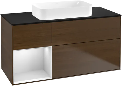 Bild von VILLEROY BOCH Finion Waschbeckenunterschrank, mit Beleuchtung, 3 Auszüge, 1200 x 603 x 501 mm, Walnut Veneer / White Matt Lacquer / Glass Black Matt #G702MTGN