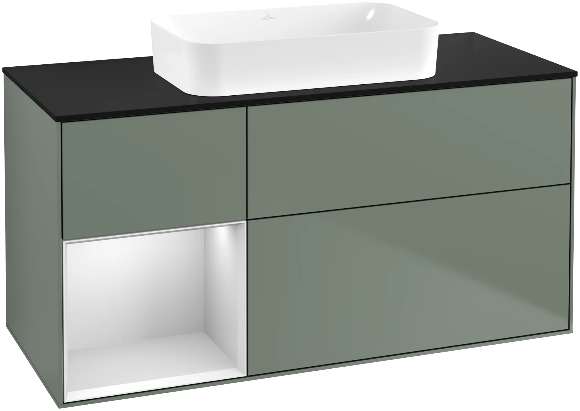 Bild von VILLEROY BOCH Finion Waschbeckenunterschrank, mit Beleuchtung, 3 Auszüge, 1200 x 603 x 501 mm, Olive Matt Lacquer / White Matt Lacquer / Glass Black Matt #G702MTGM