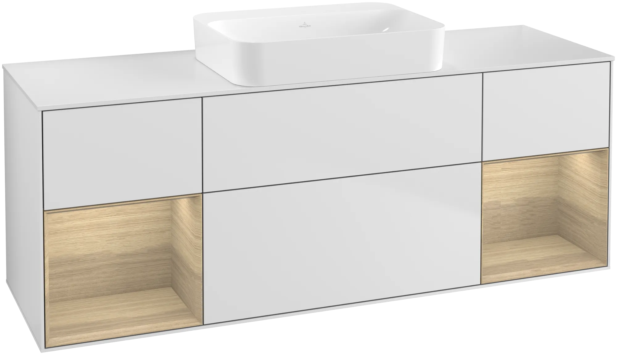 Bild von VILLEROY BOCH Finion Waschbeckenunterschrank, mit Beleuchtung, 4 Auszüge, 1600 x 603 x 501 mm, White Matt Lacquer / Oak Veneer / Glass White Matt #G741PCMT