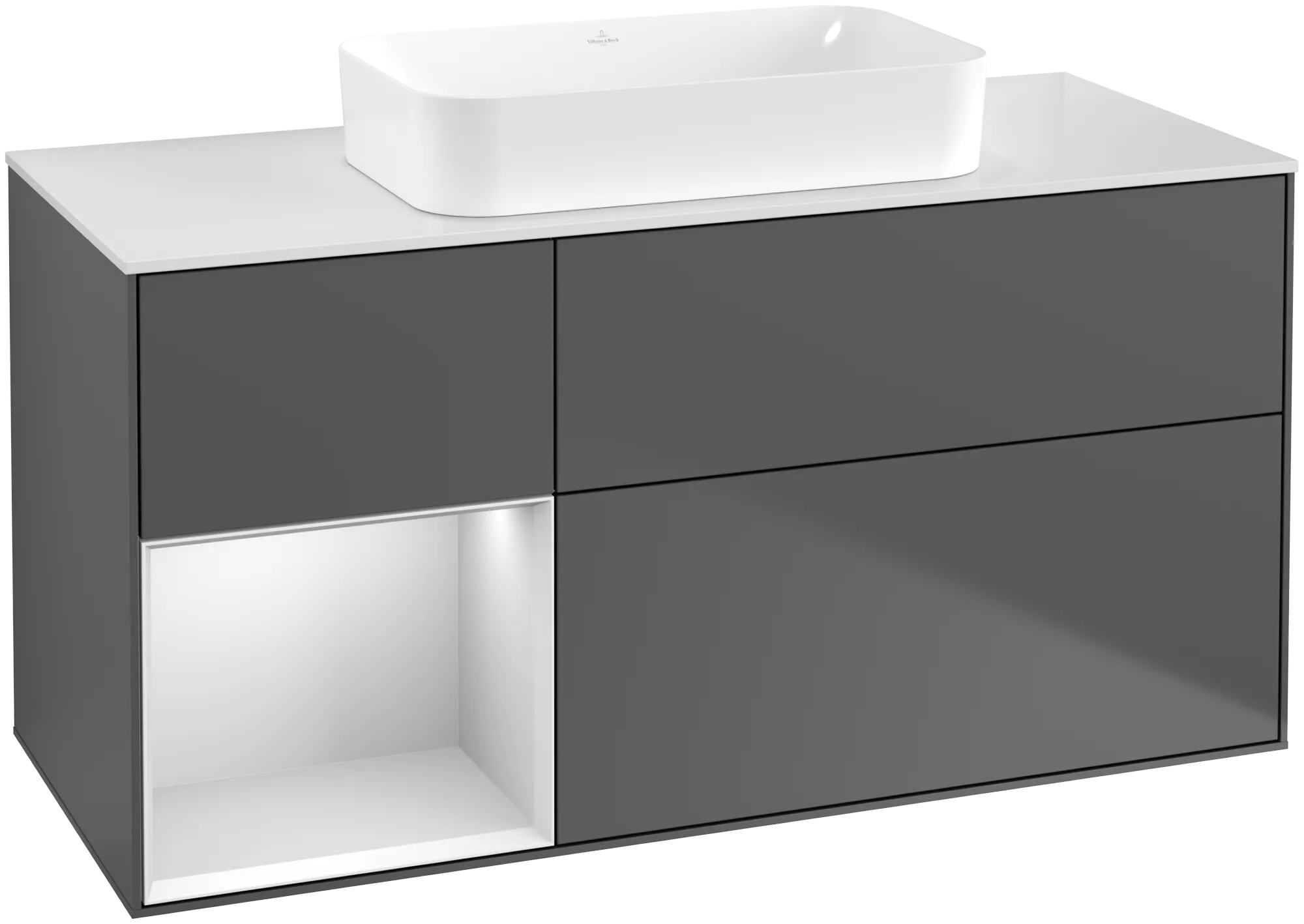 Bild von VILLEROY BOCH Finion Waschbeckenunterschrank, mit Beleuchtung, 3 Auszüge, 1200 x 603 x 501 mm, Anthracite Matt Lacquer / White Matt Lacquer / Glass White Matt #G701MTGK