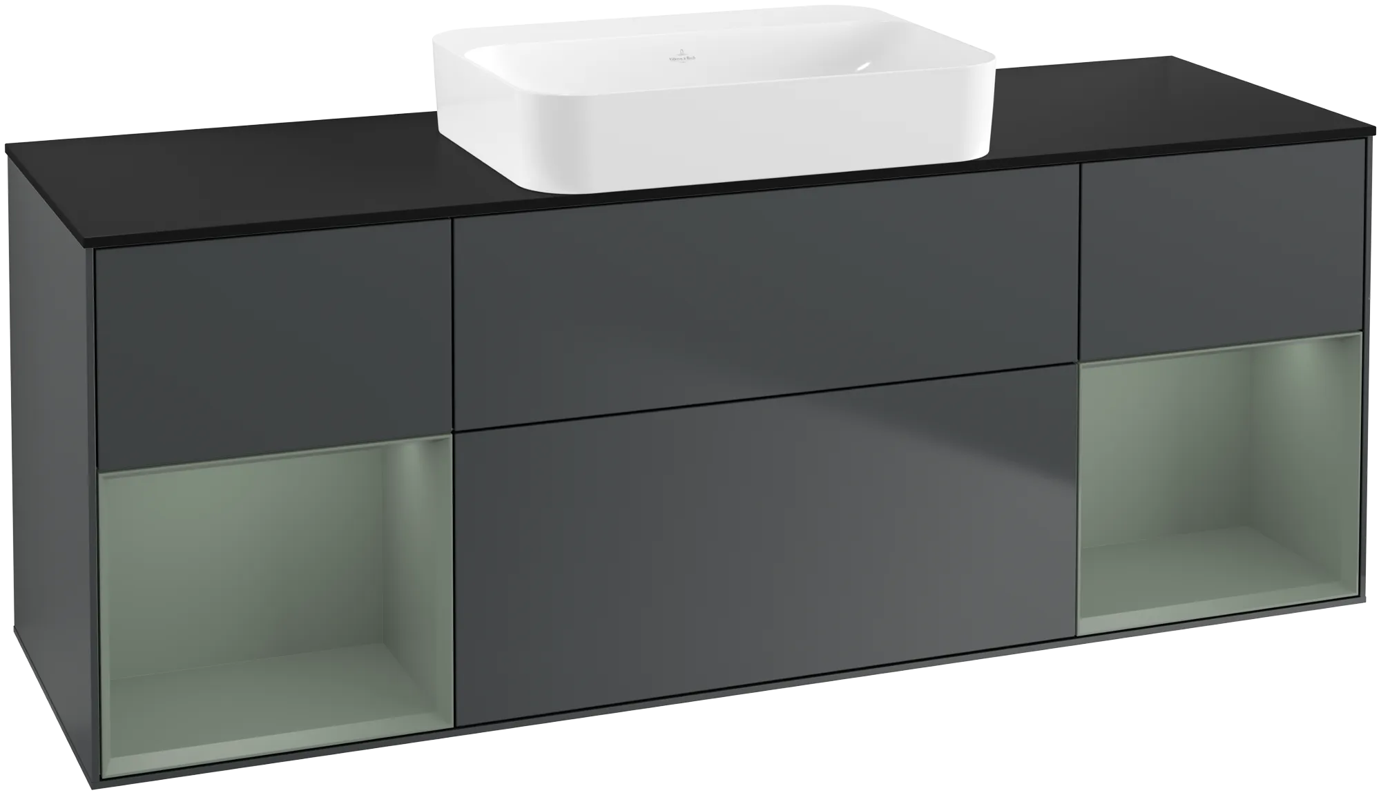 Bild von VILLEROY BOCH Finion Waschbeckenunterschrank, mit Beleuchtung, 4 Auszüge, 1600 x 603 x 501 mm, Midnight Blue Matt Lacquer / Olive Matt Lacquer / Glass Black Matt #G742GMHG