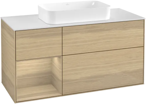 Bild von VILLEROY BOCH Finion Waschbeckenunterschrank, mit Beleuchtung, 3 Auszüge, 1200 x 603 x 501 mm, Oak Veneer / Oak Veneer / Glass White Matt #G701PCPC
