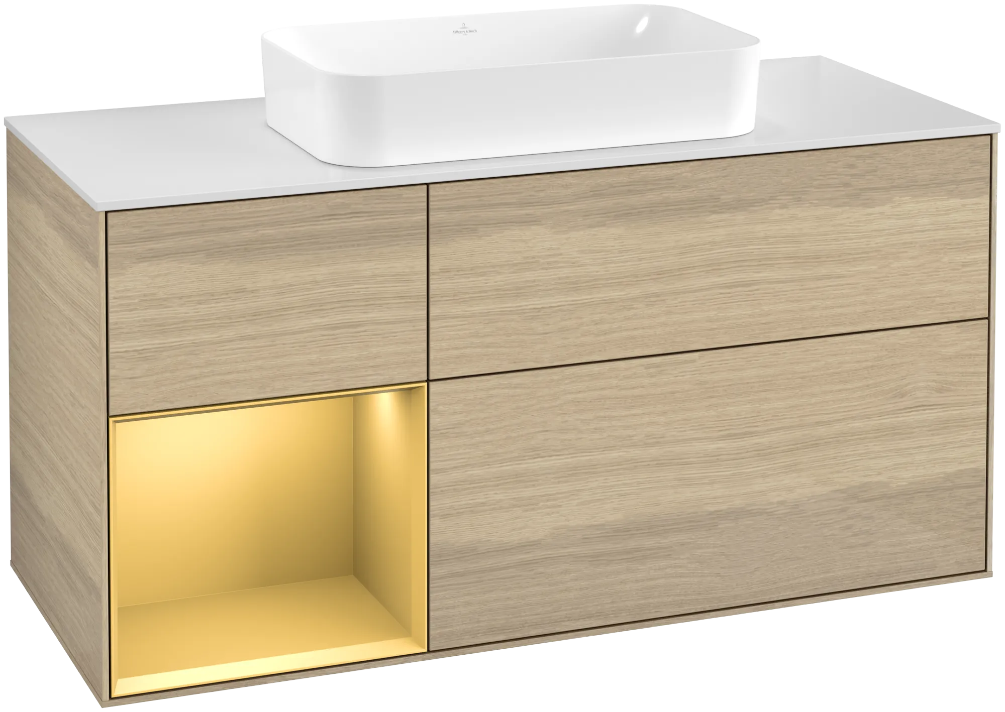 Bild von VILLEROY BOCH Finion Waschbeckenunterschrank, mit Beleuchtung, 3 Auszüge, 1200 x 603 x 501 mm, Oak Veneer / Gold Matt Lacquer / Glass White Matt #G701HFPC