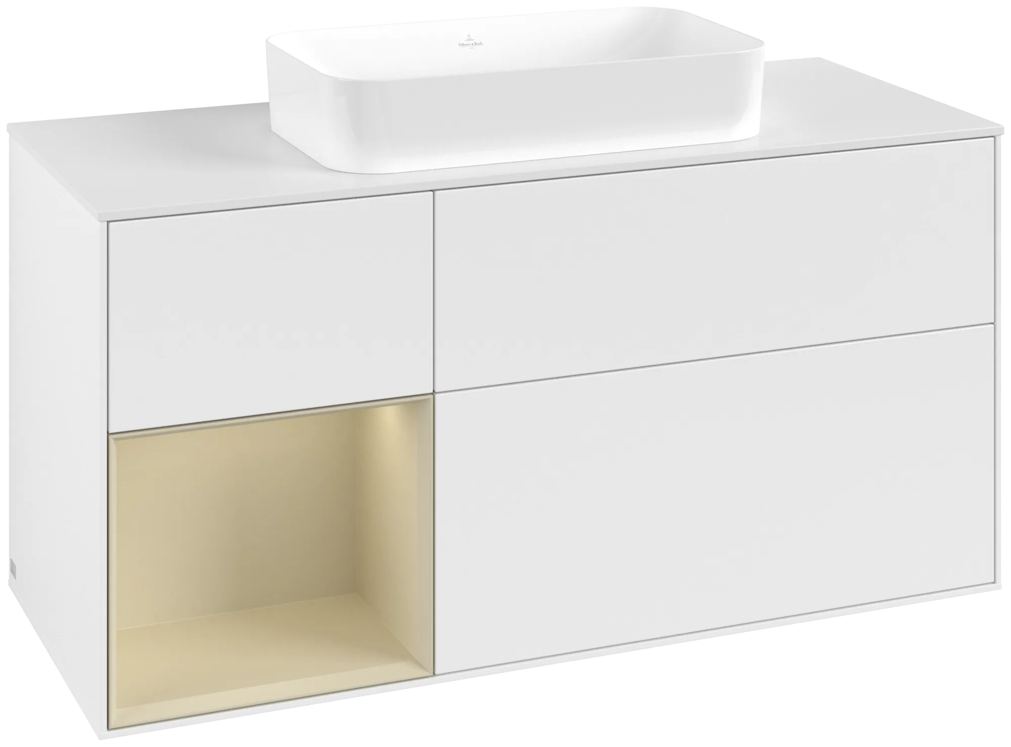 Bild von VILLEROY BOCH Finion Waschbeckenunterschrank, mit Beleuchtung, 3 Auszüge, 1200 x 603 x 501 mm, White Matt Lacquer / Silk Grey Matt Lacquer / Glass White Matt #G701HJMT