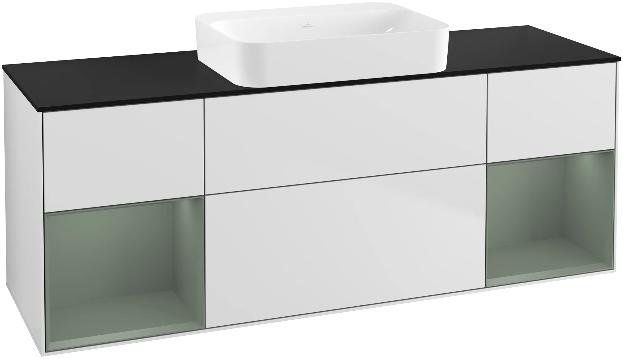 Bild von VILLEROY BOCH Finion Waschbeckenunterschrank, mit Beleuchtung, 4 Auszüge, 1600 x 603 x 501 mm, White Matt Lacquer / Olive Matt Lacquer / Glass Black Matt #G742GMMT