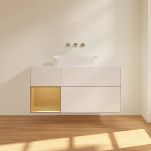 Bild von VILLEROY BOCH Finion Waschbeckenunterschrank, mit Beleuchtung, 3 Auszüge, 1200 x 603 x 501 mm, Glossy White Lacquer / Gold Matt Lacquer / Glass White Matt #G701HFGF