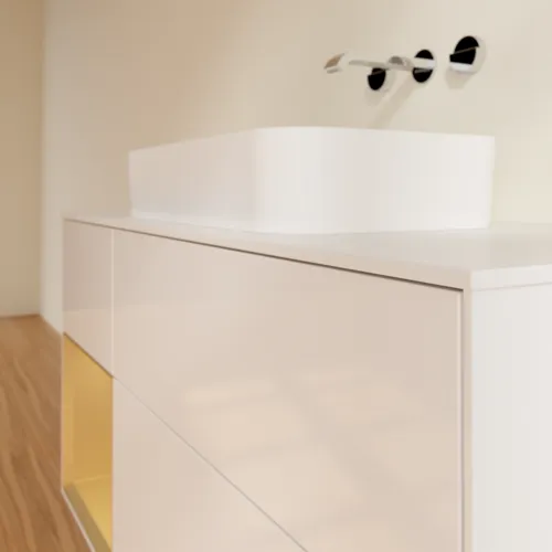 Bild von VILLEROY BOCH Finion Waschbeckenunterschrank, mit Beleuchtung, 3 Auszüge, 1200 x 603 x 501 mm, Glossy White Lacquer / Gold Matt Lacquer / Glass White Matt #G701HFGF