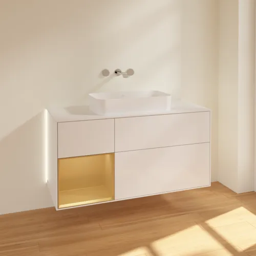 Bild von VILLEROY BOCH Finion Waschbeckenunterschrank, mit Beleuchtung, 3 Auszüge, 1200 x 603 x 501 mm, Glossy White Lacquer / Gold Matt Lacquer / Glass White Matt #G701HFGF