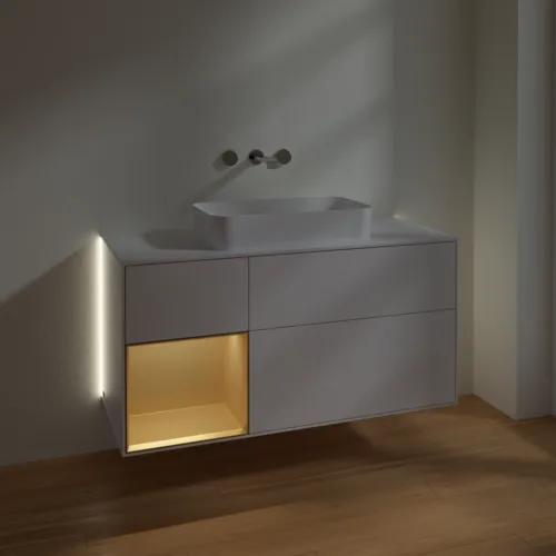 Bild von VILLEROY BOCH Finion Waschbeckenunterschrank, mit Beleuchtung, 3 Auszüge, 1200 x 603 x 501 mm, Glossy White Lacquer / Gold Matt Lacquer / Glass White Matt #G701HFGF