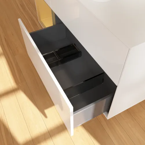 Bild von VILLEROY BOCH Finion Waschbeckenunterschrank, mit Beleuchtung, 3 Auszüge, 1200 x 603 x 501 mm, Glossy White Lacquer / Gold Matt Lacquer / Glass White Matt #G701HFGF