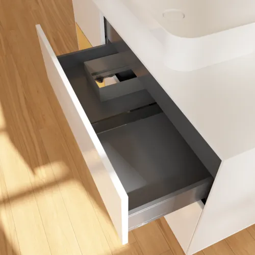 Bild von VILLEROY BOCH Finion Waschbeckenunterschrank, mit Beleuchtung, 3 Auszüge, 1200 x 603 x 501 mm, Glossy White Lacquer / Gold Matt Lacquer / Glass White Matt #G701HFGF