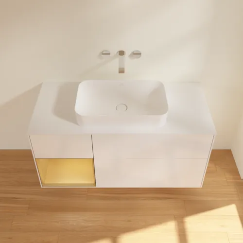 Bild von VILLEROY BOCH Finion Waschbeckenunterschrank, mit Beleuchtung, 3 Auszüge, 1200 x 603 x 501 mm, Glossy White Lacquer / Gold Matt Lacquer / Glass White Matt #G701HFGF