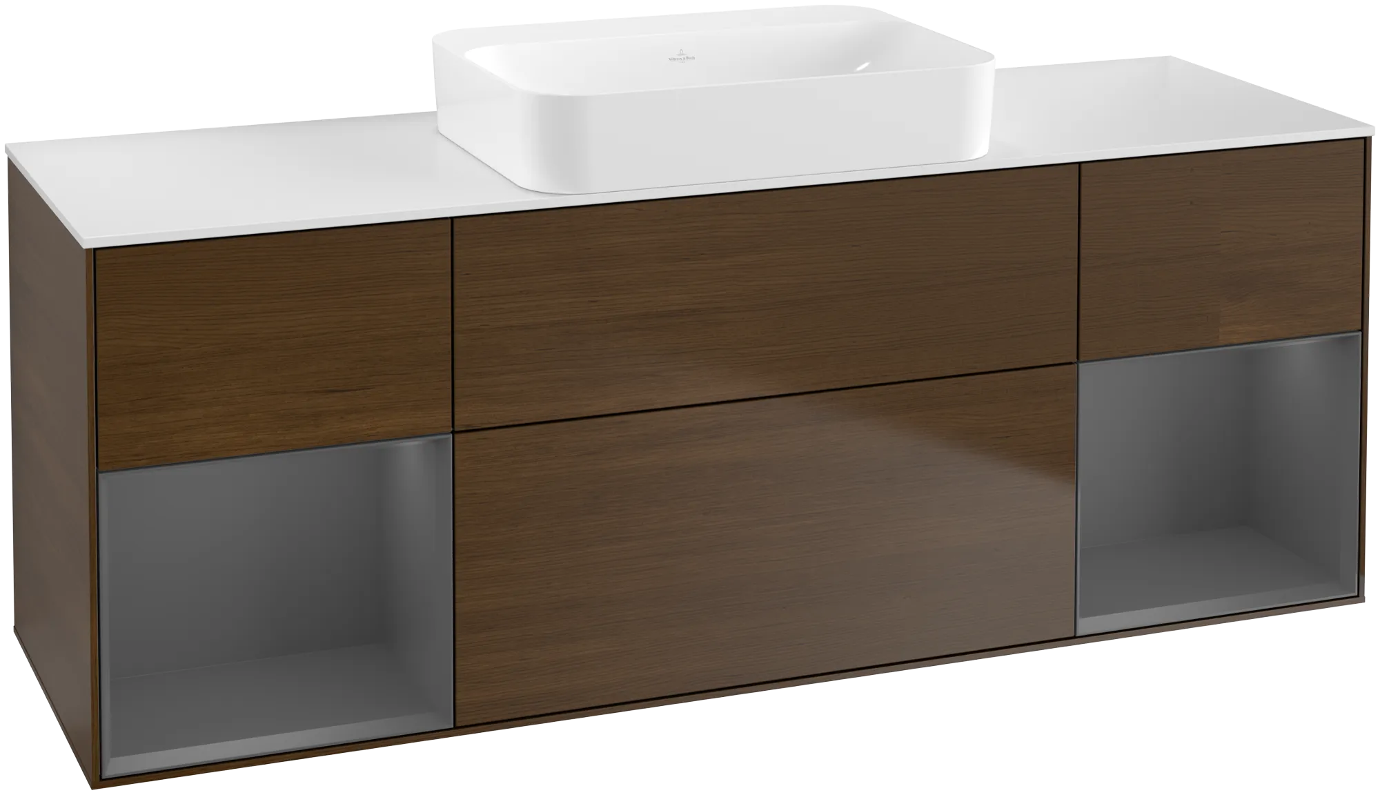 Bild von VILLEROY BOCH Finion Waschbeckenunterschrank, mit Beleuchtung, 4 Auszüge, 1600 x 603 x 501 mm, Walnut Veneer / Anthracite Matt Lacquer / Glass White Matt #G741GKGN