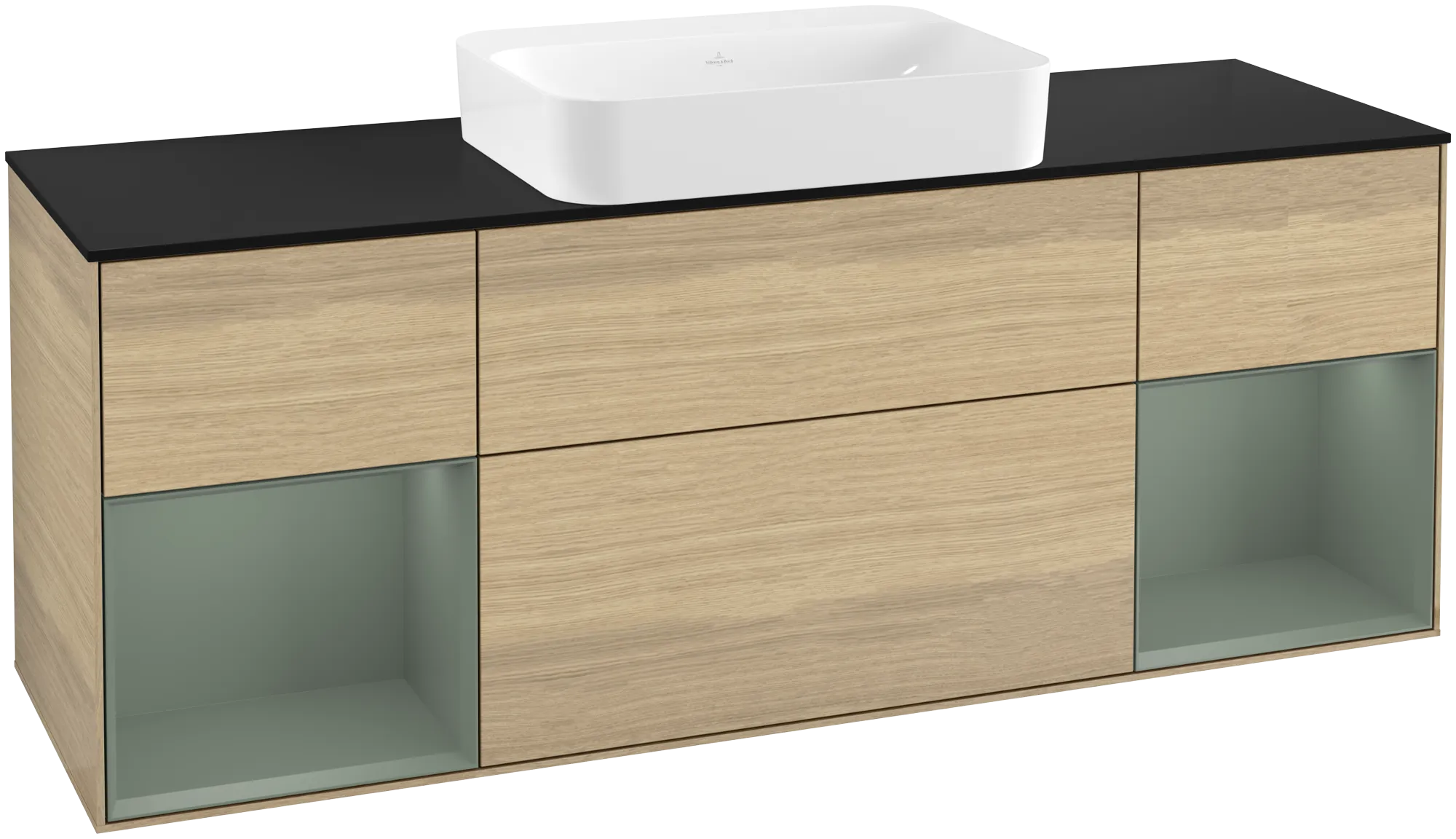 Bild von VILLEROY BOCH Finion Waschbeckenunterschrank, mit Beleuchtung, 4 Auszüge, 1600 x 603 x 501 mm, Oak Veneer / Olive Matt Lacquer / Glass Black Matt #G742GMPC