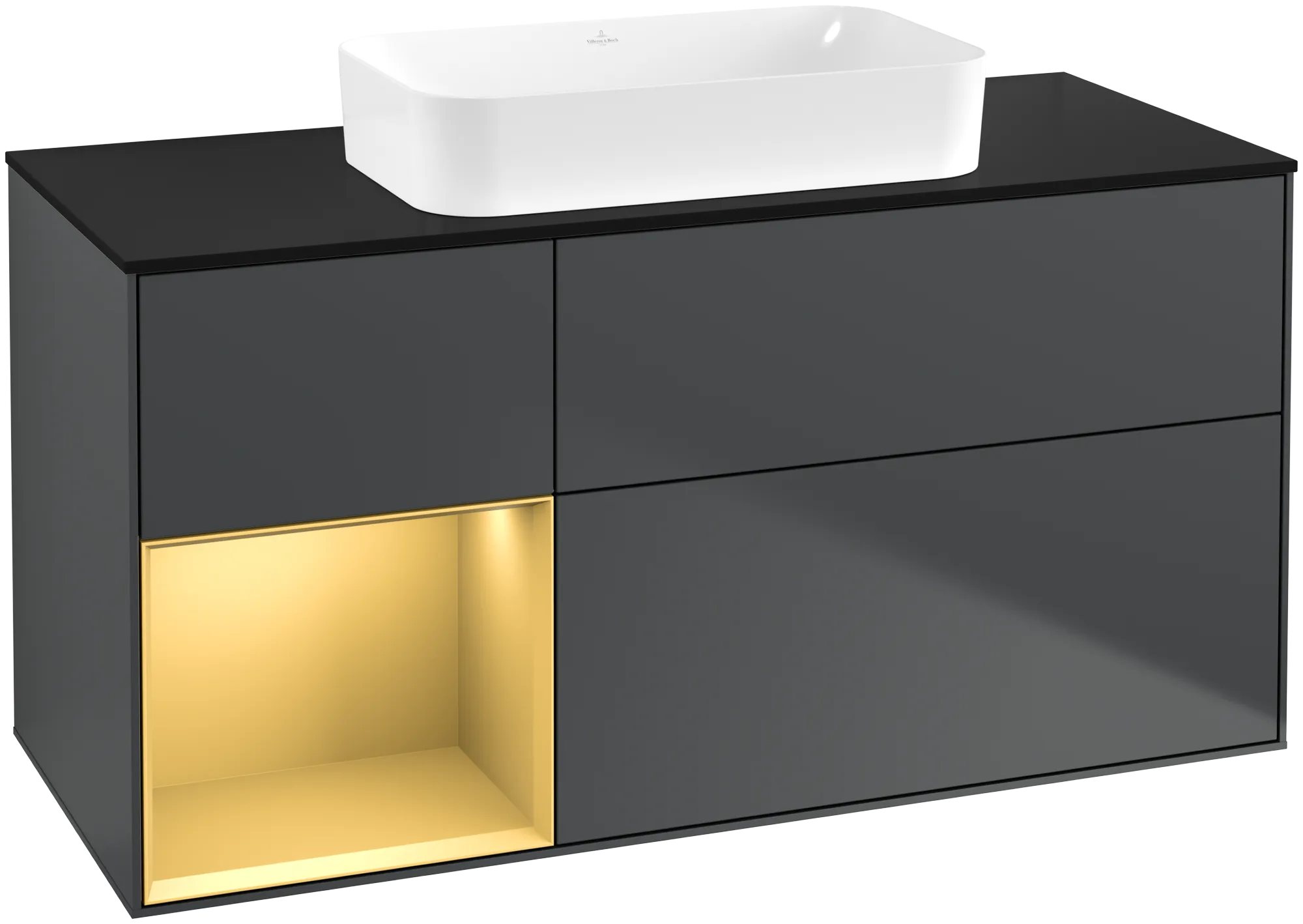 Bild von VILLEROY BOCH Finion Waschbeckenunterschrank, mit Beleuchtung, 3 Auszüge, 1200 x 603 x 501 mm, Midnight Blue Matt Lacquer / Gold Matt Lacquer / Glass Black Matt #G702HFHG