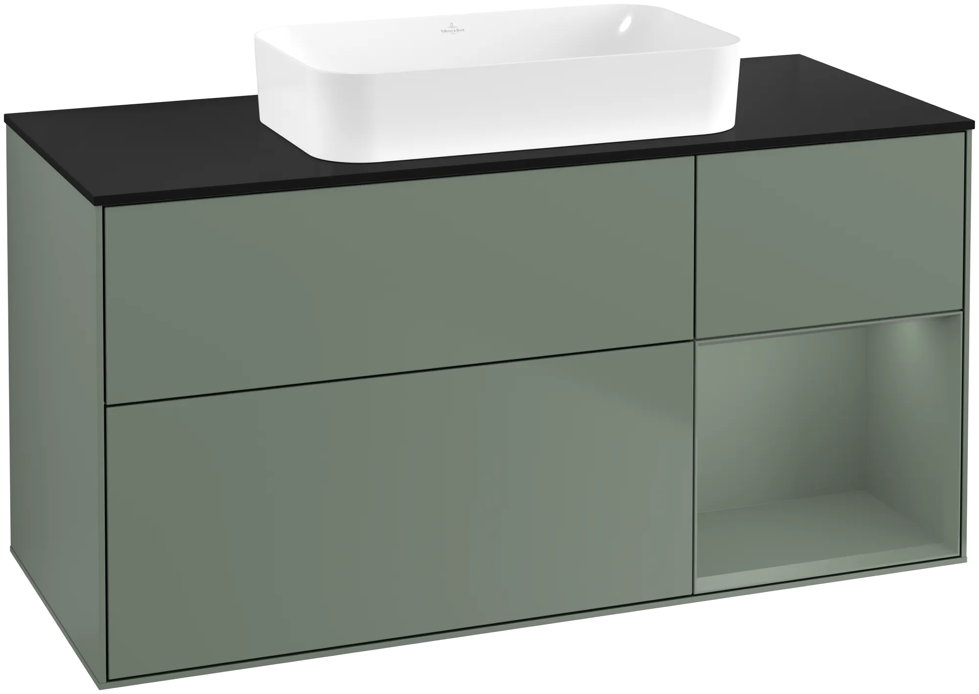 Bild von VILLEROY BOCH Finion Waschbeckenunterschrank, mit Beleuchtung, 3 Auszüge, 1200 x 603 x 501 mm, Olive Matt Lacquer / Olive Matt Lacquer / Glass Black Matt #G712GMGM