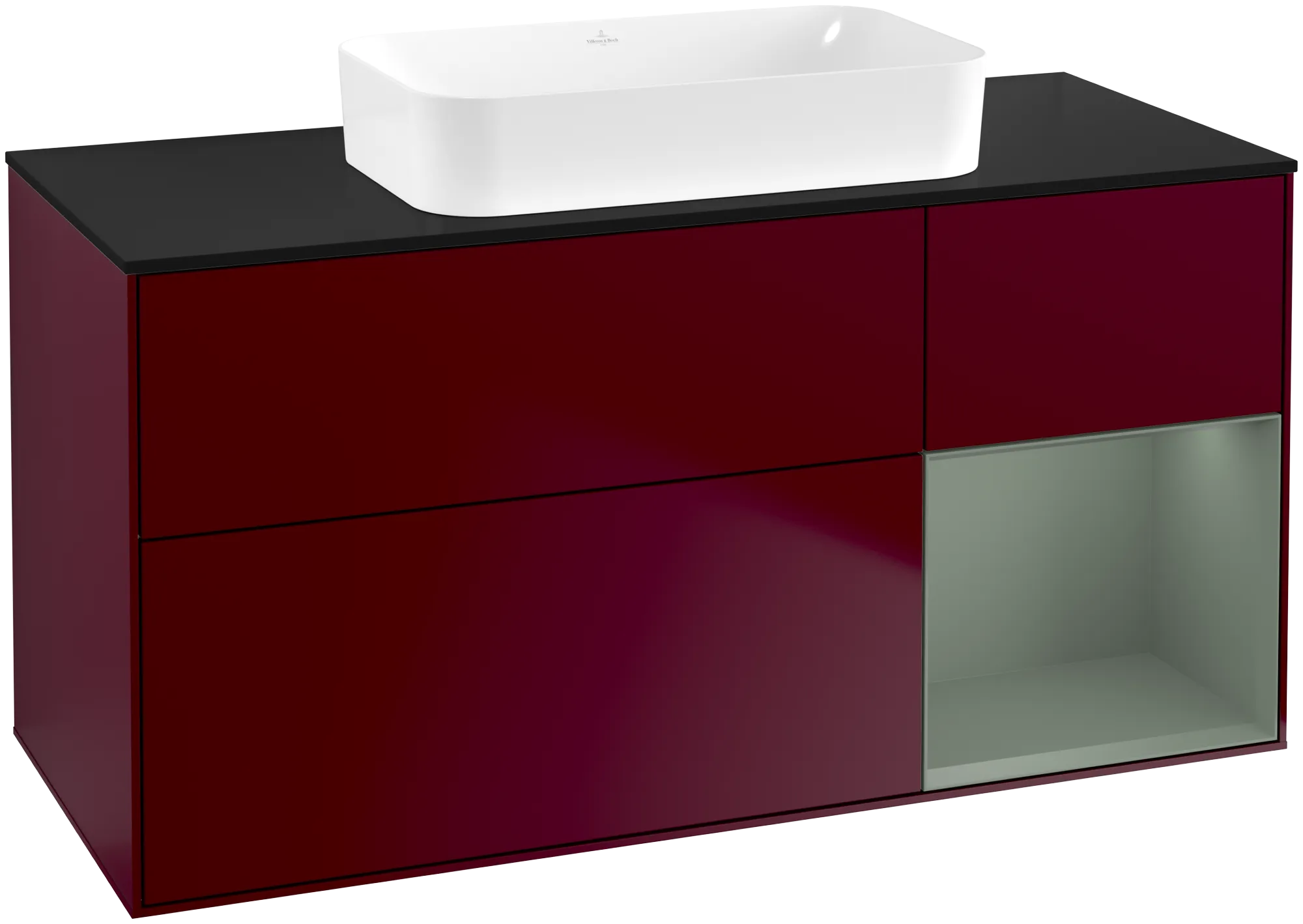 Bild von VILLEROY BOCH Finion Waschbeckenunterschrank, mit Beleuchtung, 3 Auszüge, 1200 x 603 x 501 mm, Peony Matt Lacquer / Olive Matt Lacquer / Glass Black Matt #G712GMHB