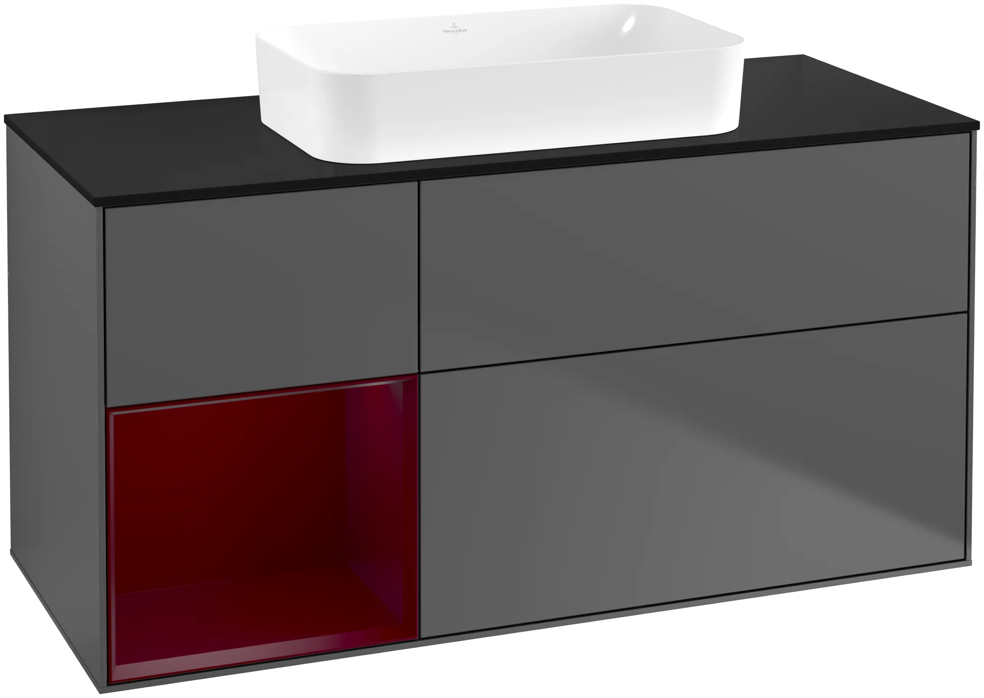 Bild von VILLEROY BOCH Finion Waschbeckenunterschrank, mit Beleuchtung, 3 Auszüge, 1200 x 603 x 501 mm, Anthracite Matt Lacquer / Peony Matt Lacquer / Glass Black Matt #G702HBGK